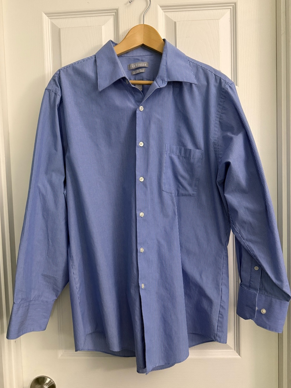 Van Heusen Fitted Light Blue Men's Dress Shirt with Subtle Stripe. 17 / 32-33